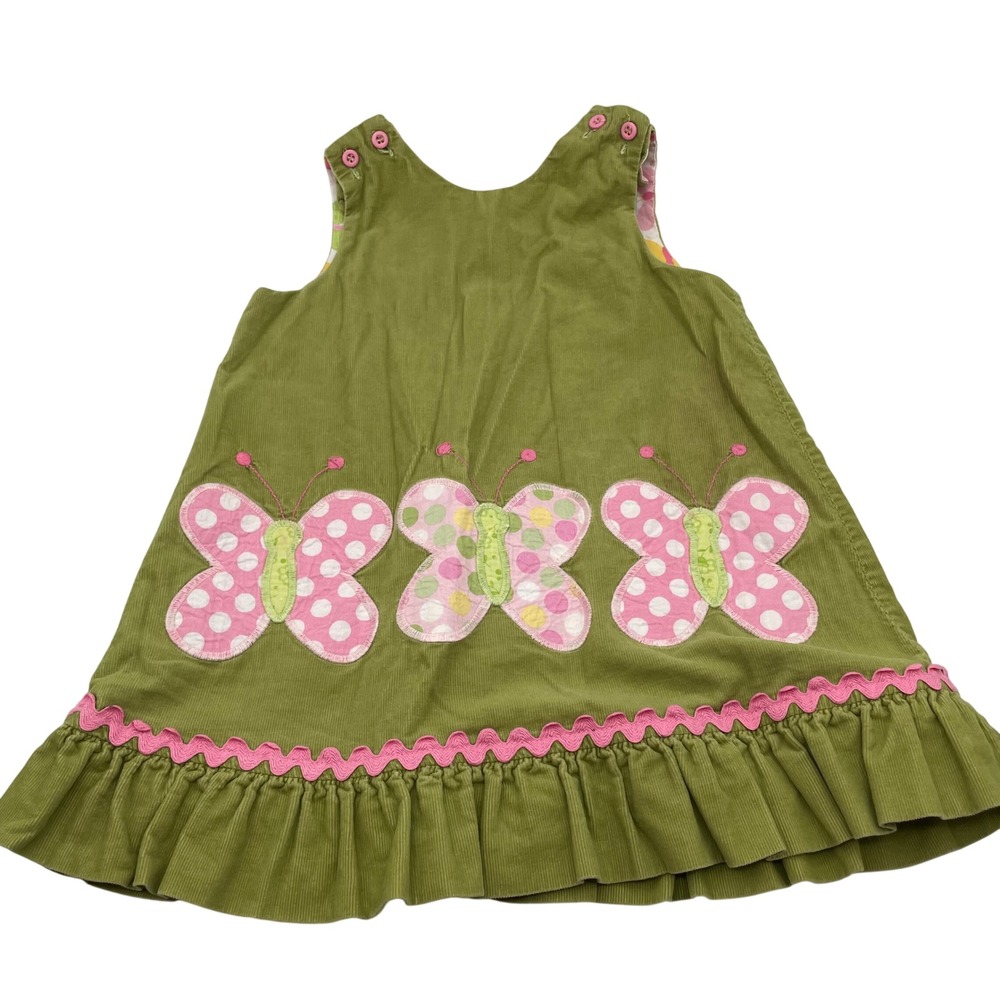 Vintage Bailey Boys Jumper Dress Green Butterfly Reversible Corduroy Girls 4T